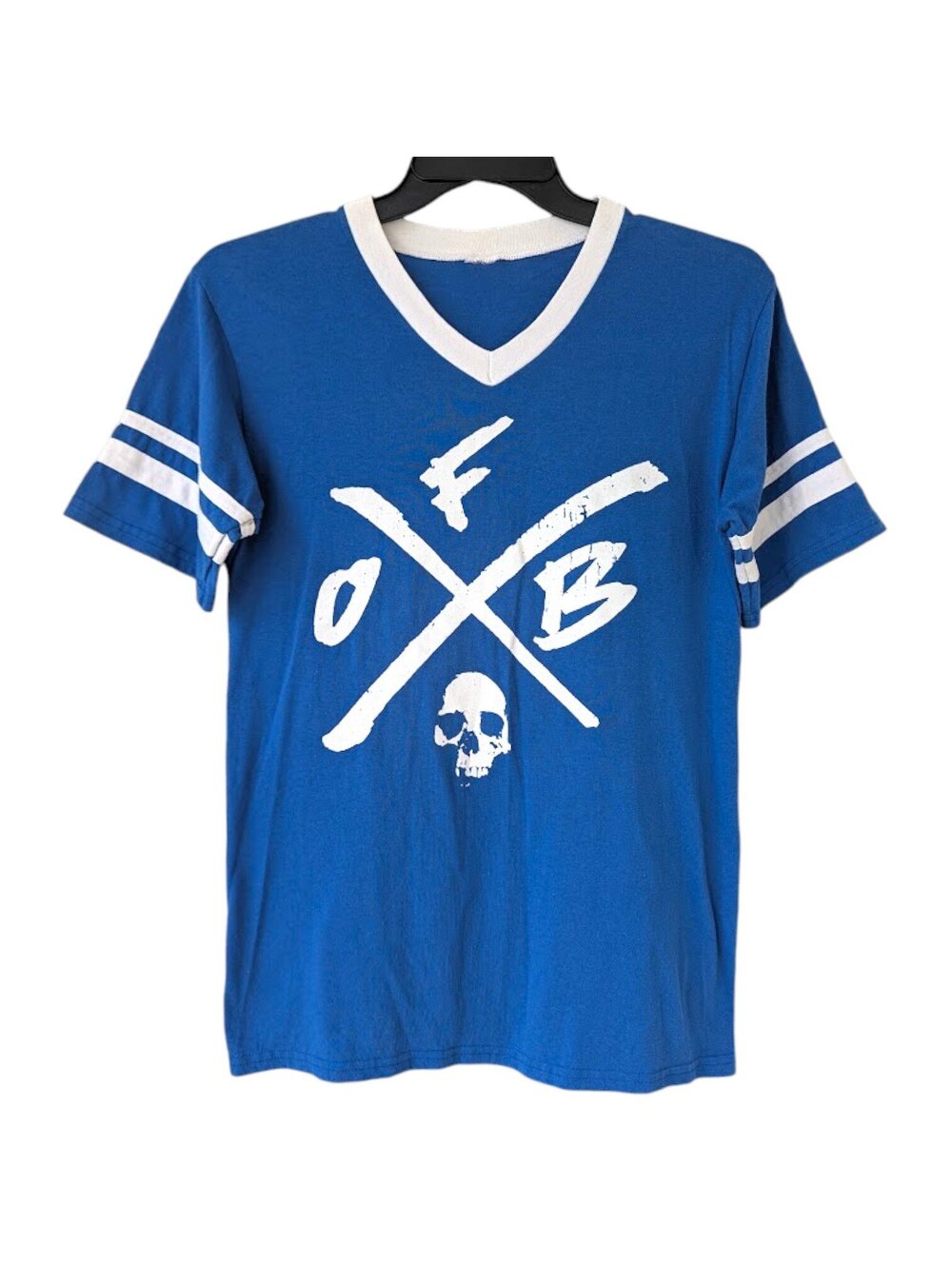 Fall Out Boy M Band T-Shirt V-Neck Ringer Sports Skull Blue 20x28.5 Emo Pop Punk
